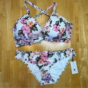 NWT Shade & Shore Tropical Floral Print White and Pink Bikini Set